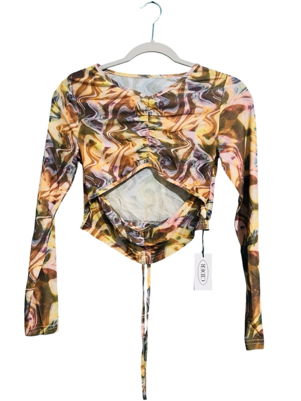 Cider Multicolor Swirl Ruched Mesh Crop Top size s